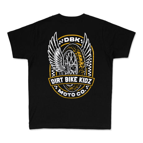 Youth premium black tee with large Dirt Bike Kidz Moto Co winged back graphic.