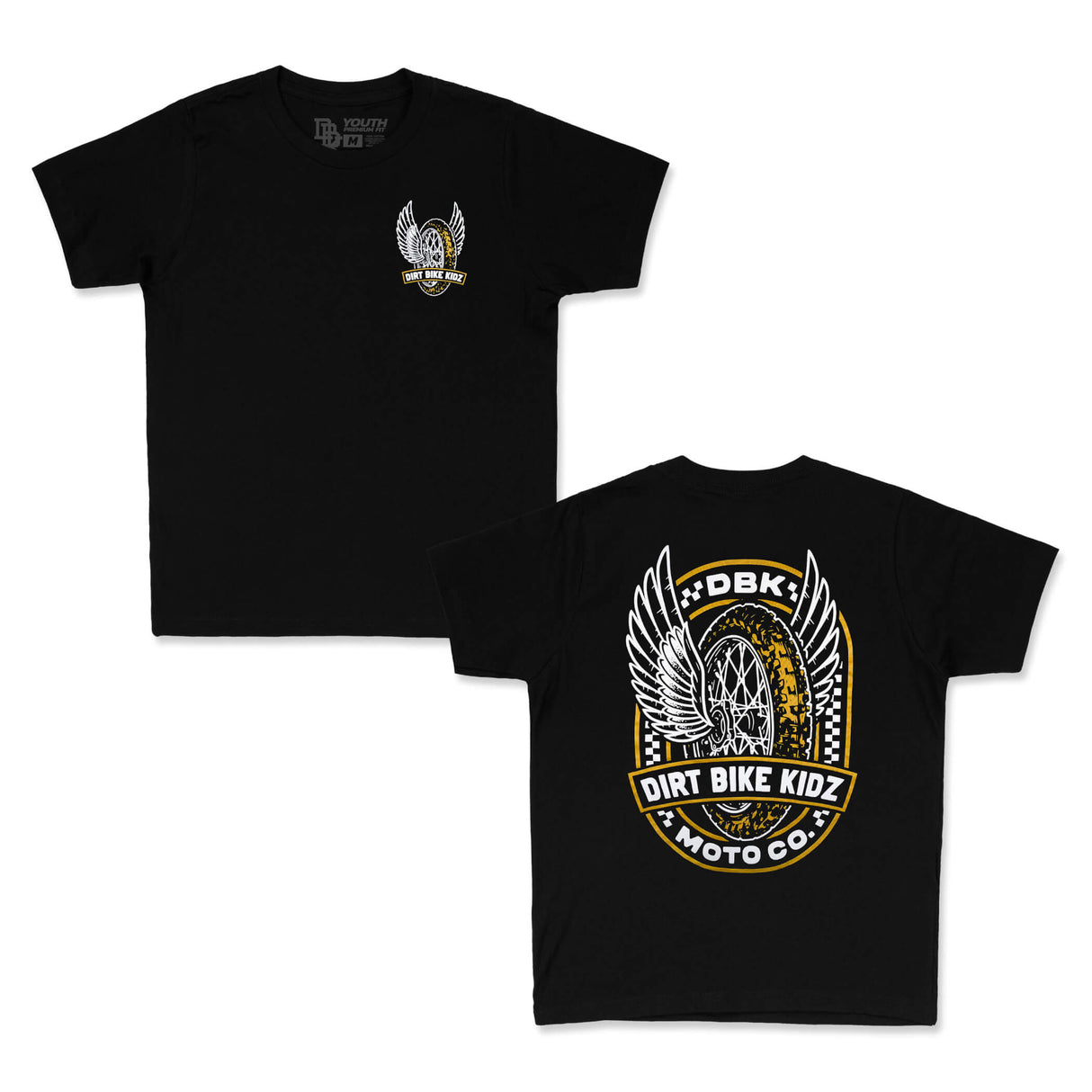 Two youth premium black tees, one with small and one with large Dirt Bike Kidz logo.