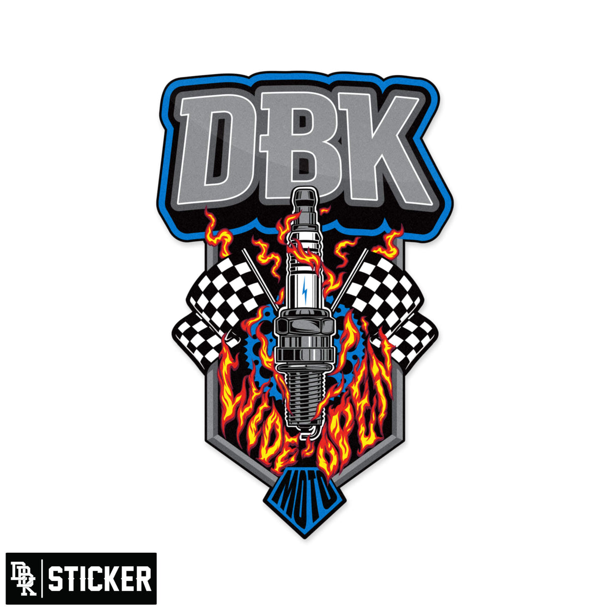 Wide Open DBK sticker with blue outline, flames and checkered flags around a fuel pump graphic