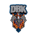 Wide Open DBK sticker with blue-edged border, flaming fuel pump and checkered flag pattern