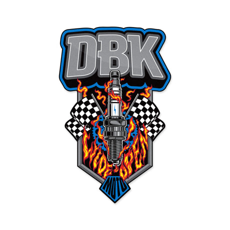 Wide Open DBK sticker with blue-edged border, flaming fuel pump and checkered flag pattern