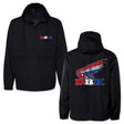 Black windbreaker jacket with hood, half-zip, and colorful D B K logo graphic