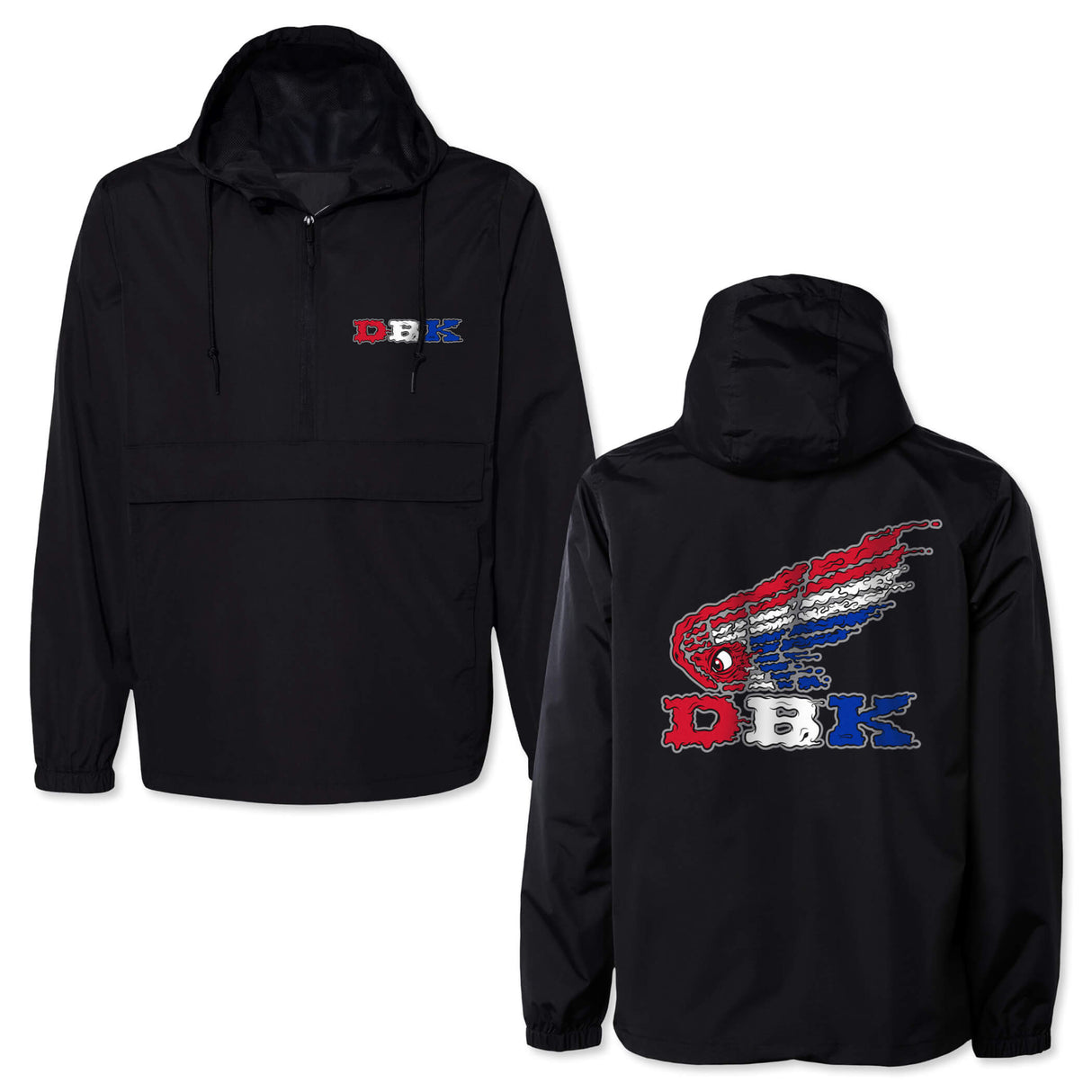 Black windbreaker jacket with hood, half-zip, and colorful D B K logo graphic