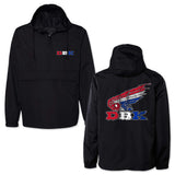 Black windbreaker jacket with hood, half-zip, and colorful D B K logo graphic