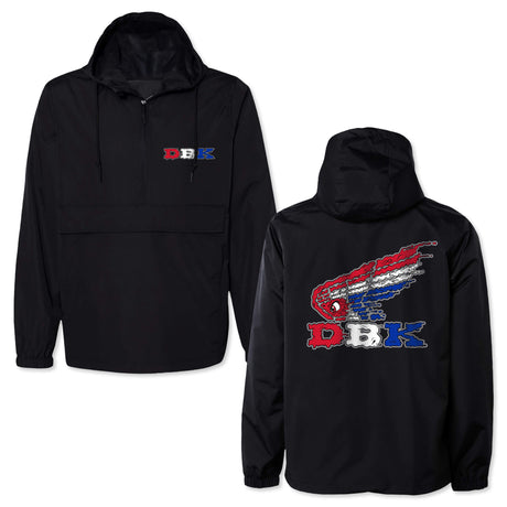 Black windbreaker jacket with hood, half-zip, and colorful D B K logo graphic