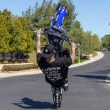 Black T-shirt with large white back graphic and blue logo