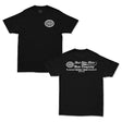 Black T-shirt with small white globe logo on left chest
