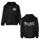 Youth windbreaker in black with full-zip front, stand collar, and globe logo on chest