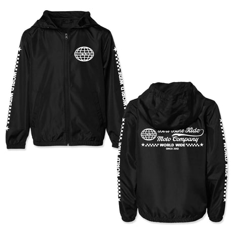 Youth windbreaker in black with full-zip front, stand collar, and globe logo on chest
