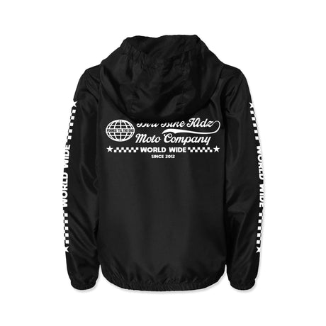 Black youth windbreaker with hood and back graphic text, plus checker stripe sleeve print