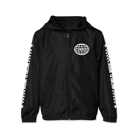 Black youth windbreaker front view with hood, full-zip closure, and white globe logo