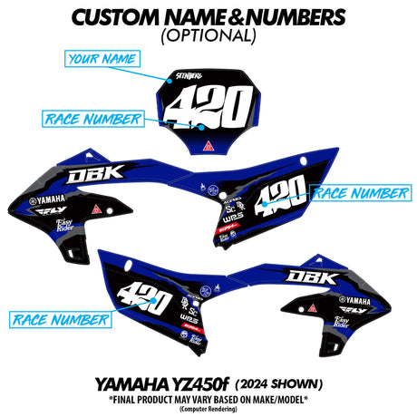 Moto bike decal set with custom name and race numbers for side and seat pieces
