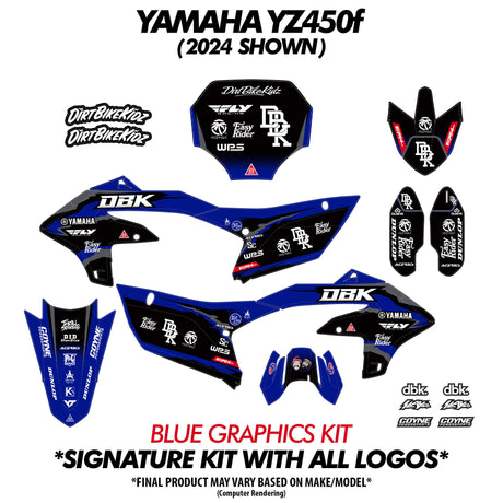 Blue graphics decal kit for moto bike: seat shroud, side panels, number plates, stickers