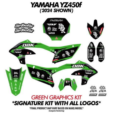 Green graphics decal kit for moto bike: side panels, shrouds, head and number plates