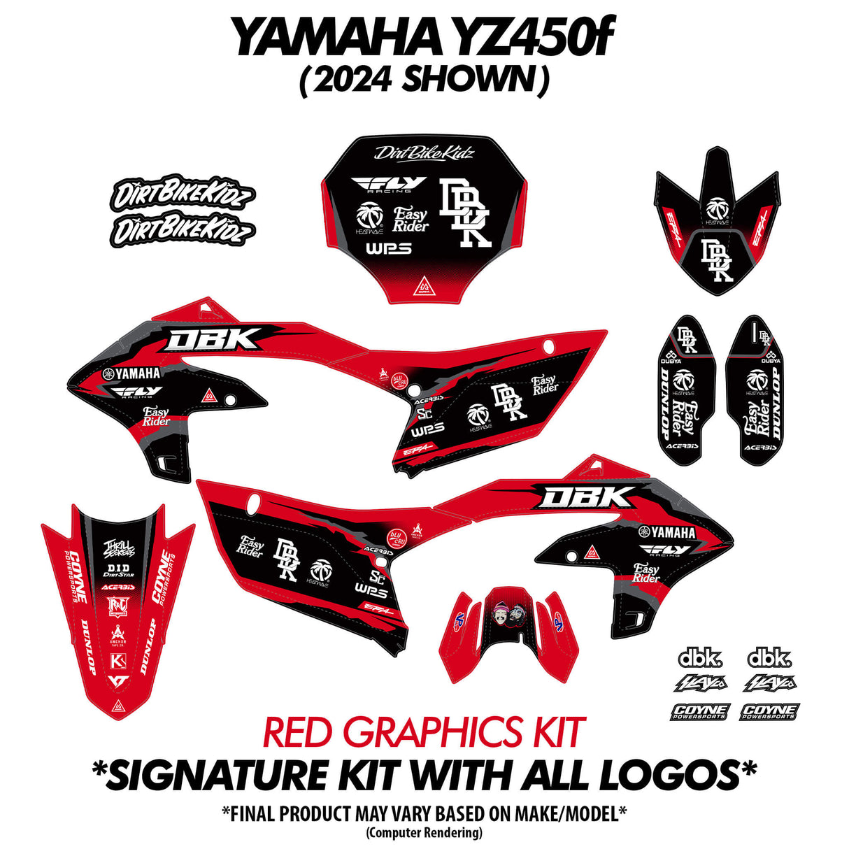 Red and black moto bike graphics kit parts, including side panels and tank cover pieces