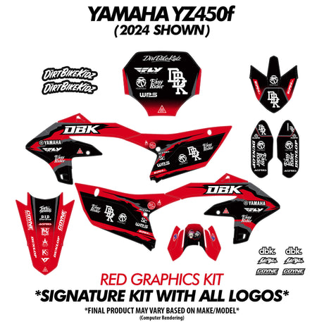 Red graphics decal kit for moto bike: tank, side panels, shrouds, number plates, stickers