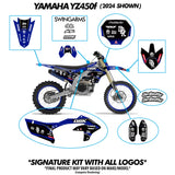 Blue dirt bike with graphics kit placement diagram showing tank, side panels, and fenders