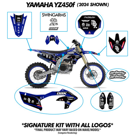 Easy Rider blue decal kit placement guide on moto bike: front, sides, and seat shrouds