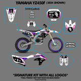 Dirt bike graphics kit on off-road motorcycle with highlighted decal placement