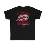 Youth black tee with Dirt Bike Kidz motorcycle and Motorcycle Parts Company graphic