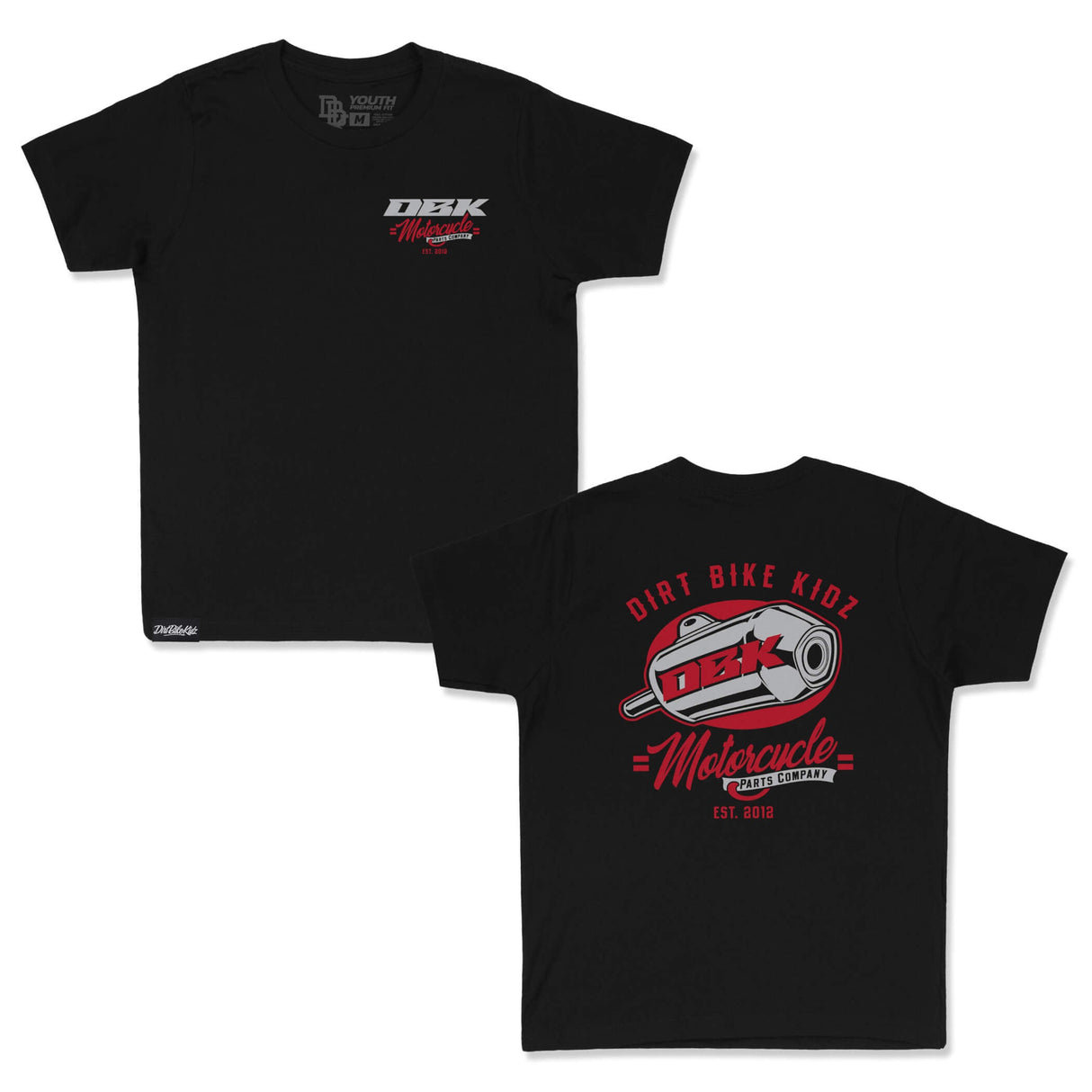 Youth black tee with DBK Motorcycle front logo and Dirt Bike Kidz back graphic
