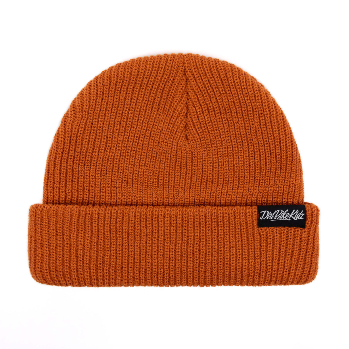 Rust orange beanie hat with ribbed knit cuff and black DirtBikeKidz logo patch