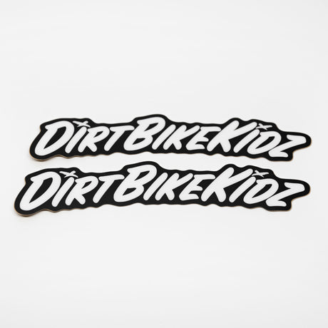 DBK script pit bike fender sticker pair, black outline and white fill