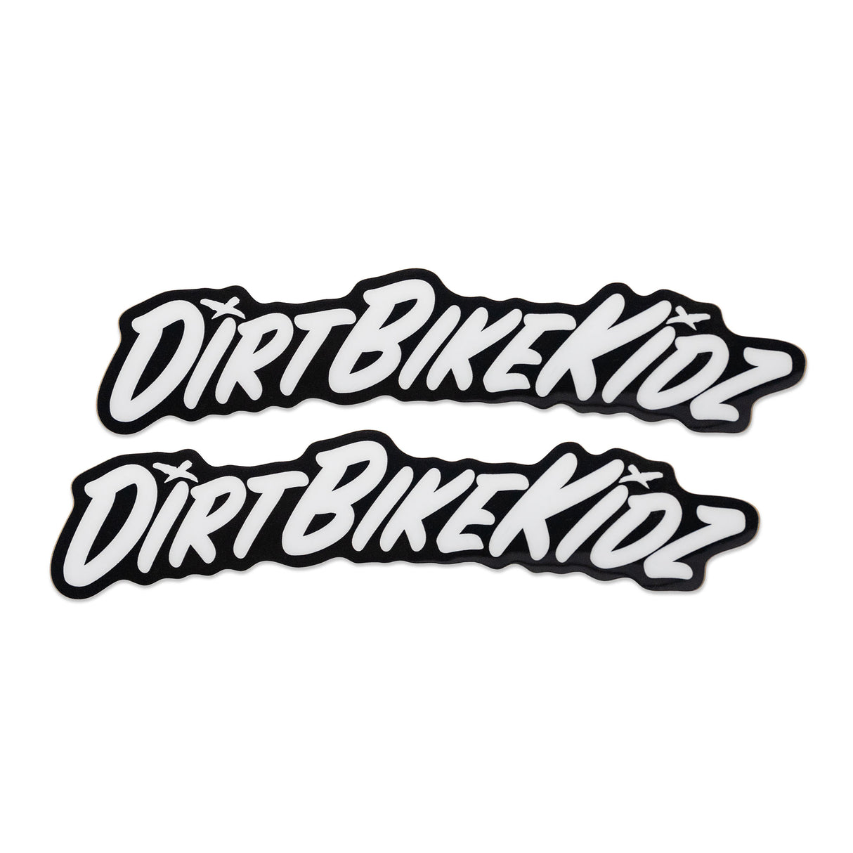 Script logo stickers in black and white; two pieces