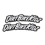 Script logo stickers in black and white; two pieces