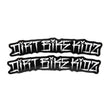 Pit bike fender stickers, two black decals with white graphic lettering