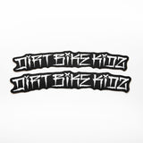 Pit bike fender sticker pair, black decals with white stylized text