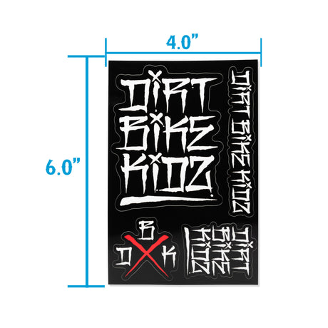 Sticker pack sheet size 4 in by 6 in: black with white graffiti lettering and red X