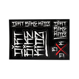 Sticker pack sheet with central graffiti letters, side text panels, and red X
