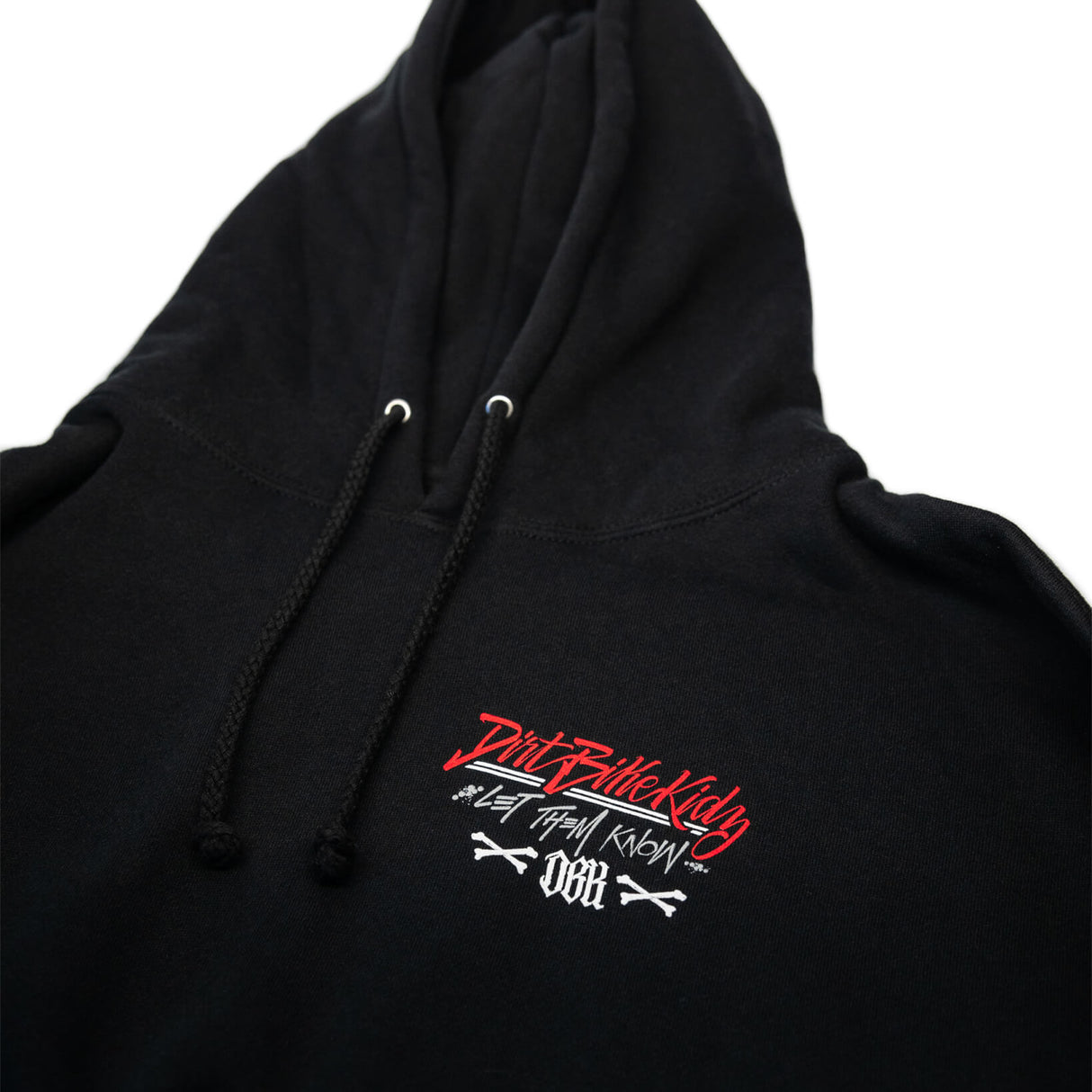 Black hoodie close-up of hood drawstrings and small chest graphic