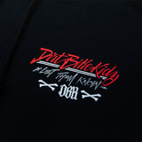 Black hoodie chest graphic print in red and white lettering
