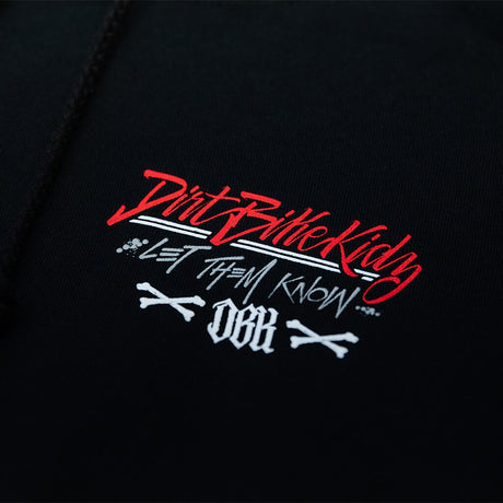 Black hoodie chest graphic print in red and white lettering