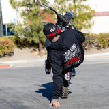 Black hoodie with hood up and front graphic logo