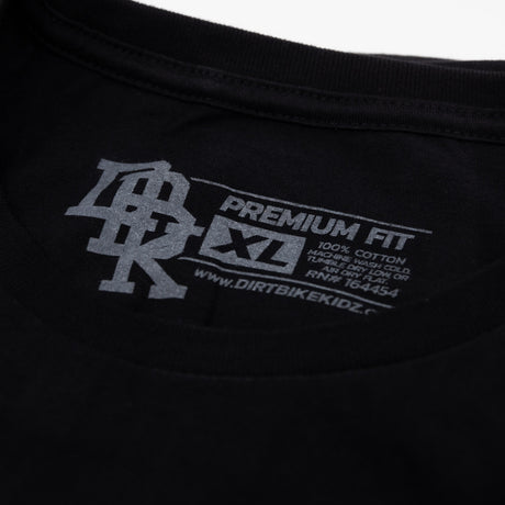 Black crew-neck T-shirt label reads Premium Fit near collar