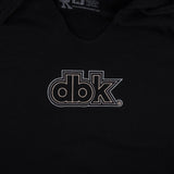 Black women’s hoodie with dbk graphic logo near the center chest