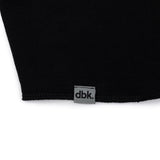 Black hoodie hem with dbk label tag centered at the bottom