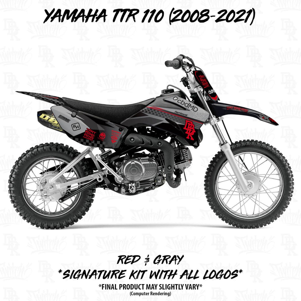 Yamaha TTR 110 faded motorcycle graphics kit, black with gray and red accents