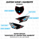 Motorcycle side panel graphics templates in black with gray, red, and checkered accents