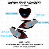 Custom motorcycle graphics name and number layout, black with gray and red option
