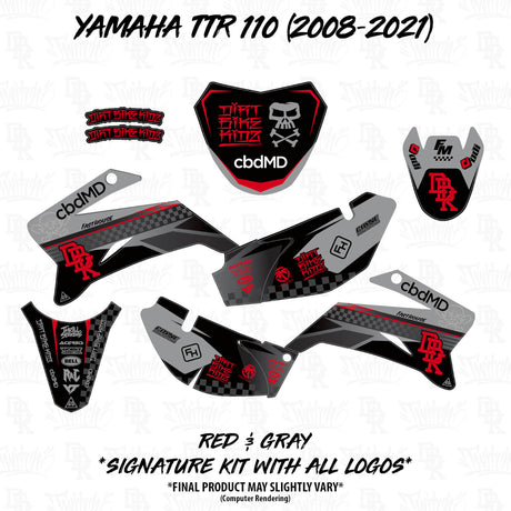 Motorcycle graphics decal set in black with red trim, multiple side panels