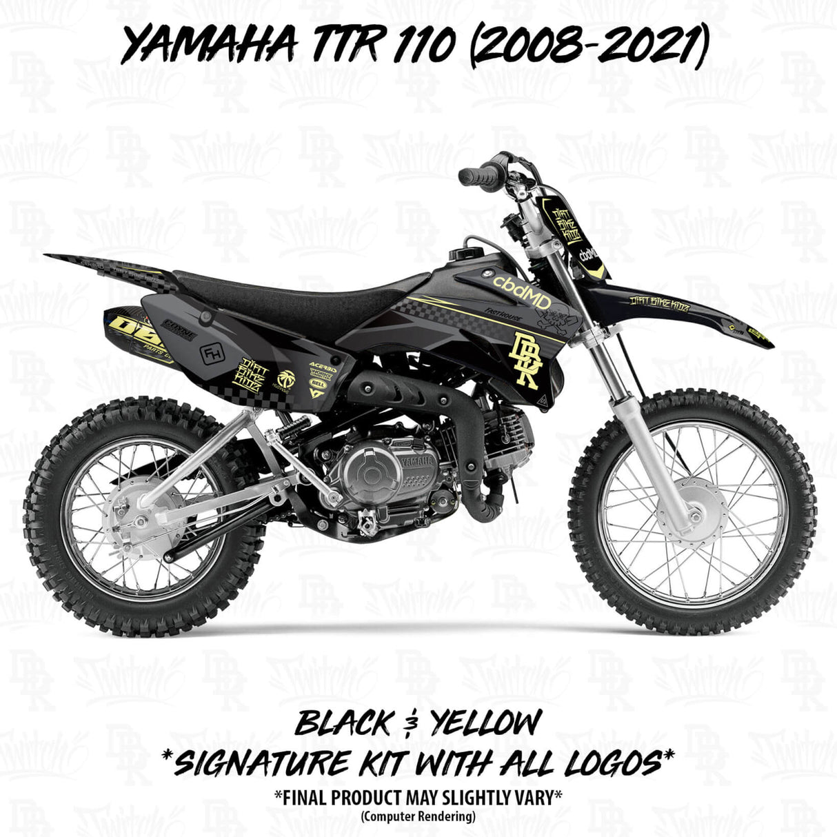 Yamaha TTR 110 faded motorcycle graphics kit, black with yellow accents