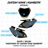 Custom motorcycle graphics name and number layout, black with yellow option