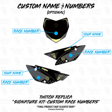 Custom graphics kit template for KLX 110: add name and race numbers (optional)