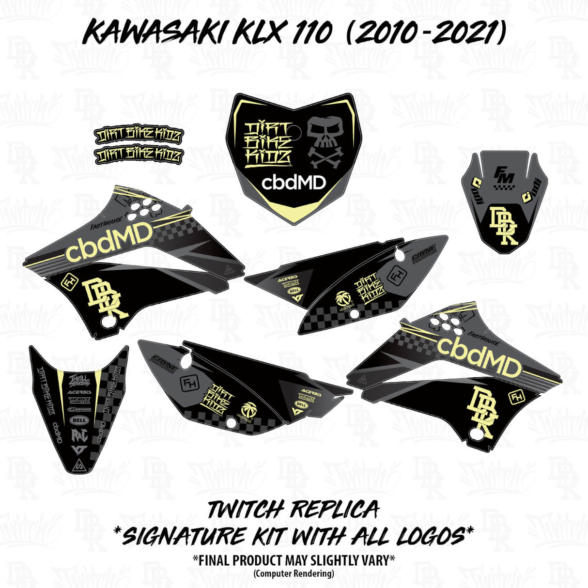 KLX 110 Faded (BLK/YLW) decal kit: multiple black side panels with yellow accents
