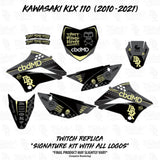 KLX 110 Faded (BLK/YLW) decal kit: multiple black side panels with yellow accents