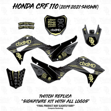 Honda CRF 110/50 graphics kit decals: black panels with yellow and green logos set